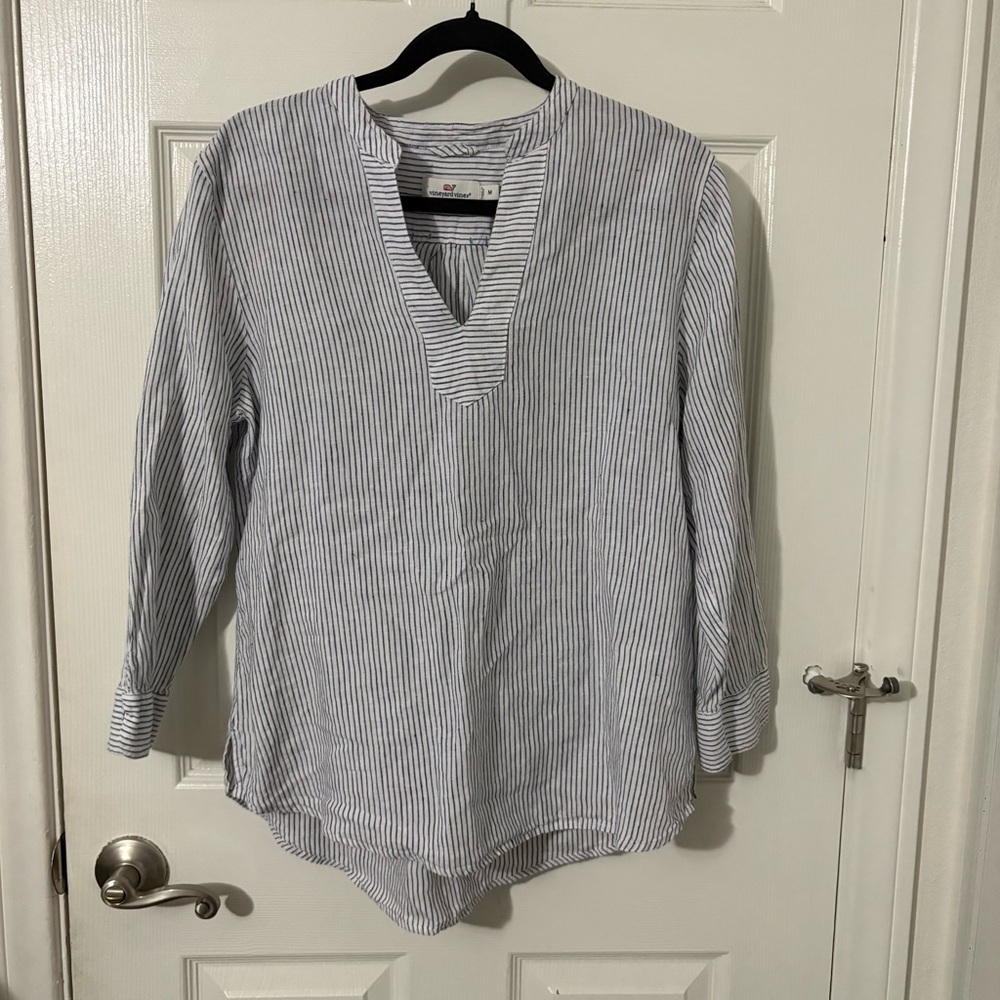 Vineyard Vines Medium top Striped Linen Savannah Popover Tunic Blue White Beachy